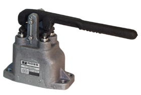 VÁLVULA 4/3 VIAS, ACIONAMENTO POR ALAVANCA HORIZONTAL COM TRAVA, CENTRO FECHADO, CONEXÕES 3/8&quot; BSP NA FACE INFERIOR, CONSTRUÇÃO TIPO POPPET