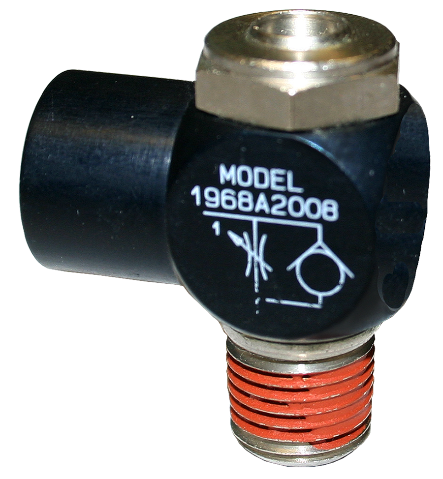 VÁLVULA REGULADORA DE FLUXO UNIDIRECIONAL COM MONTAGEM ANGULAR, CONEXÕES 1/4&quot; NPT (PNEUMÁTICA)