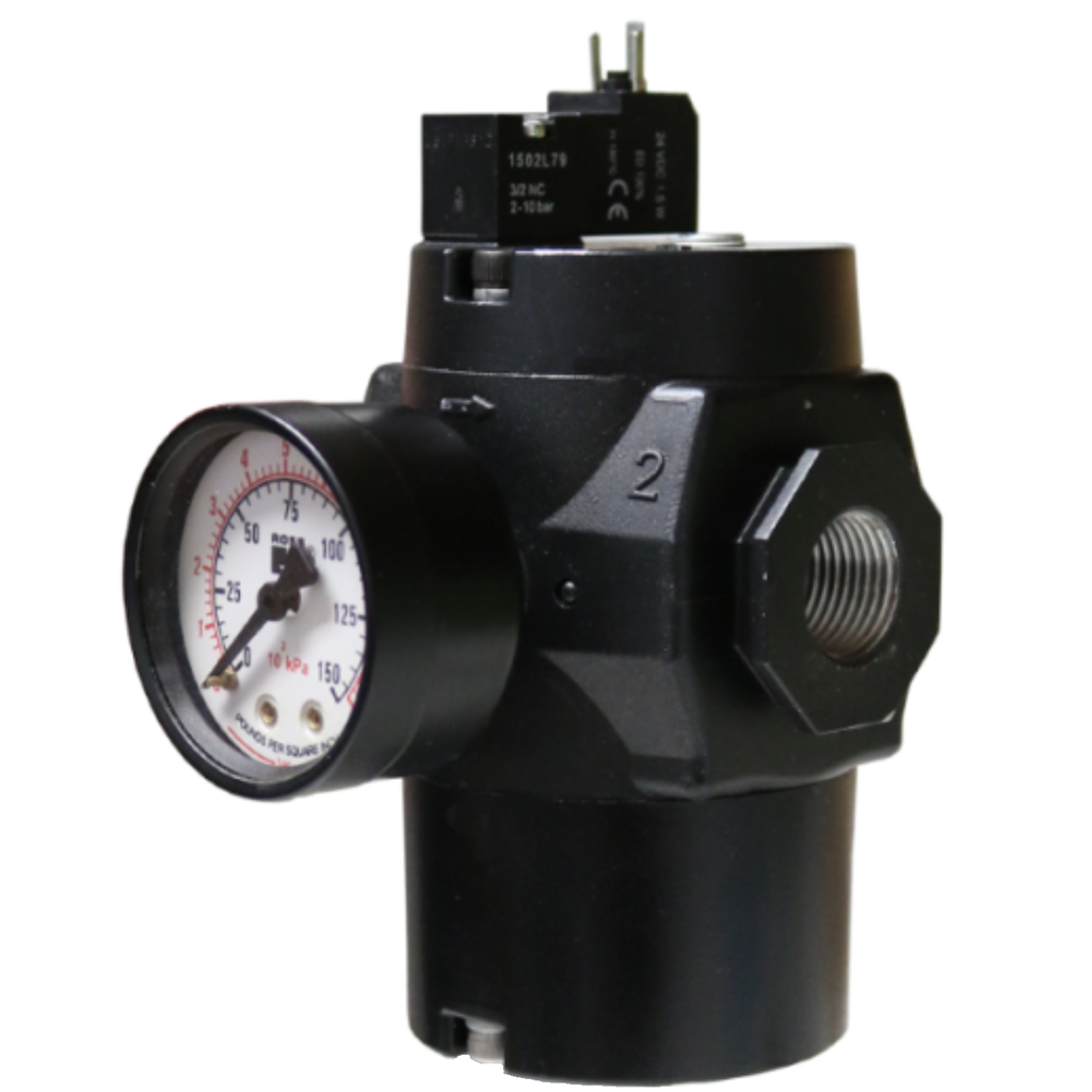 VÁLVULA DE SEGURANÇA MDC1, 1/2&quot; BSP, SEM SENSOR, COM SOFT-START, SEM SILENCIADOR, 24VDC, M12,  COM MANOMETRO