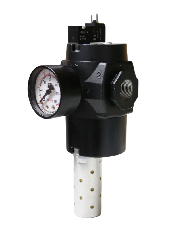 VÁLVULA DE SEGURANÇA MDC1, 1/2&quot; BSP, SEM SENSOR, COM SOFT-START, COM SILENCIADOR, 24VDC, M12,  COM MANOMETRO